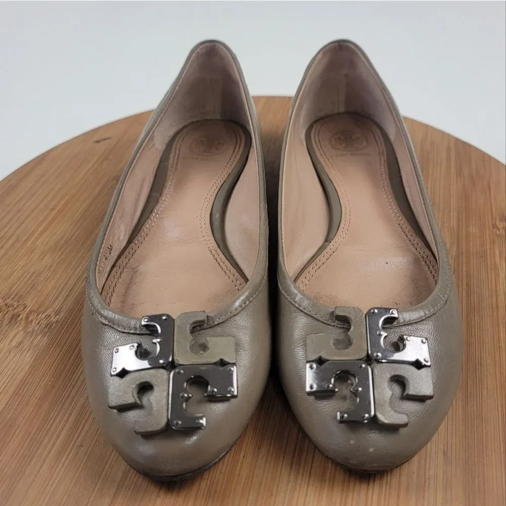 Tory Burch Taupe Leather Logo Ballet Flats